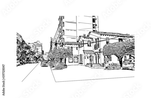 Building view with landmark of Ciudad Valles is a city in the state of San Luis Potosi, Mexico. Hand drawn sketch illustration in vector.