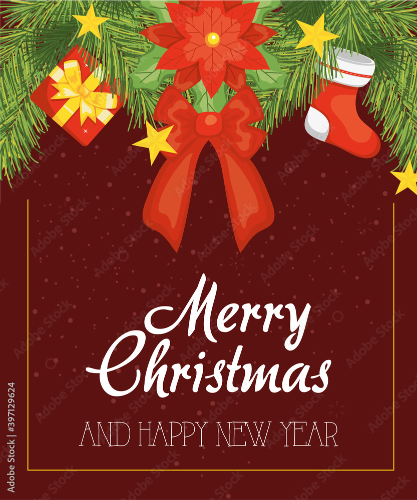 merry christmas and happy new year bow on pines vector design