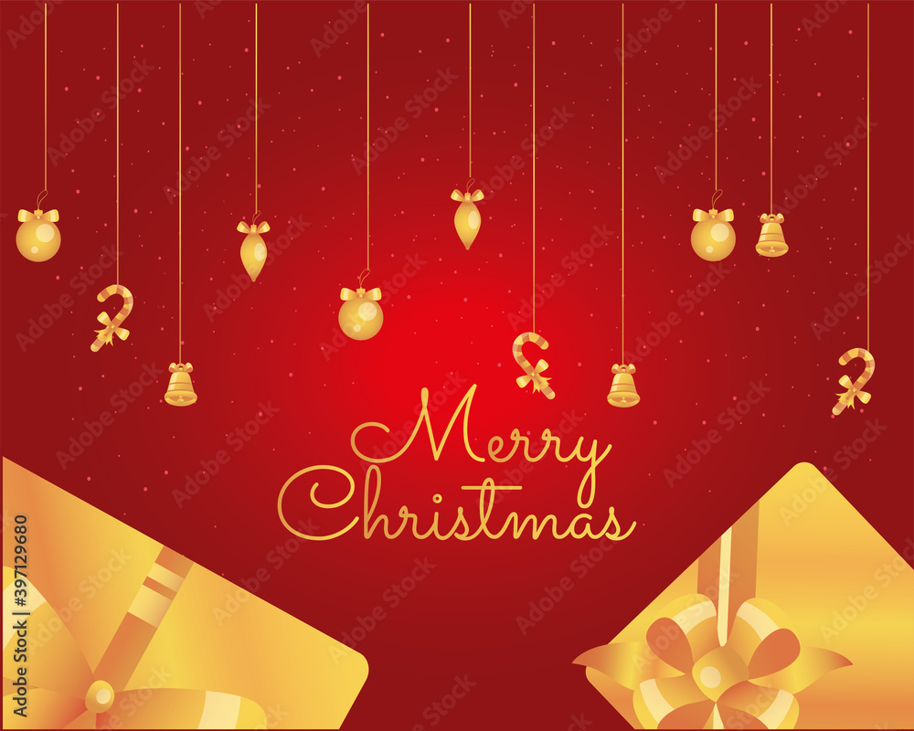 merry christmas gold gifts and icons hanging vector design