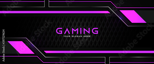 Futuristic purple and black abstract gaming banner design template with metal technology concept. Vector graphic for business corporate promotion, game header social media, live streaming background
