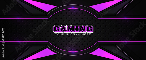 Futuristic purple and black abstract gaming banner design template with metal technology concept. Vector graphic for business corporate promotion, game header social media, live streaming background