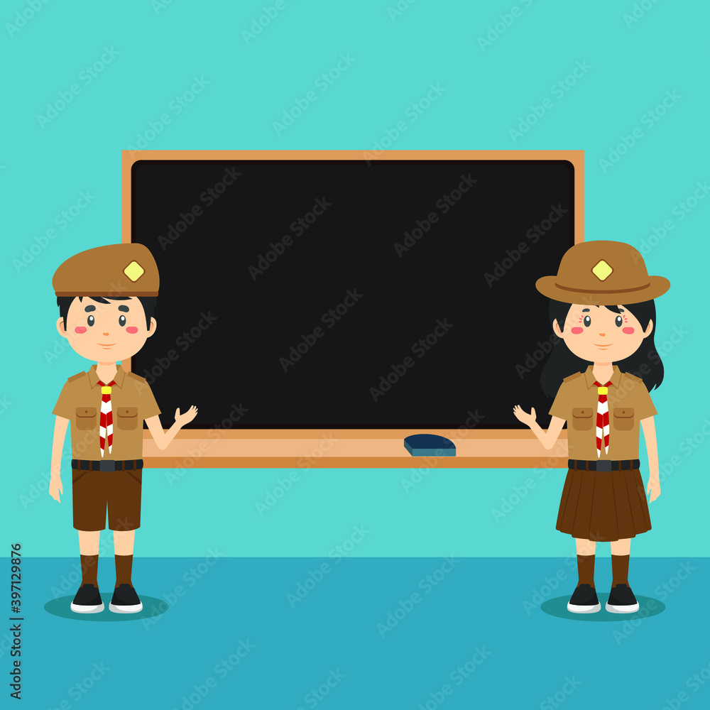 Cute Indonesian Wearing Pramuka Uniform with Board Cute Indonesian Wearing Pramuka Uniform with Board