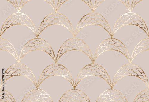 Geometric seamless pattern with gold decorative arch tiles.
