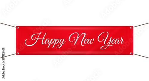 Happy New Year vinyl banner on grommets. Merry Christmas and happy New Year related 3d realistic vector illustration.