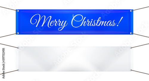 Merry Christmas blue vinyl banner on grommets and blank white banner . Merry Christmas and happy New Year related 3d realistic vector illustration.
