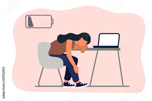 Emotional burnout Woman sitting at her working place with computer Tired girl with low battery Psychological trauma concept flat vector illustration