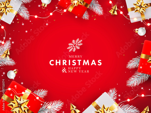 Fototapeta Naklejka Na Ścianę i Meble -  Christmas and New Year design. Xmas red background with realistic gift boxes, golden conical Christmas trees, balls, garland lights, white pine branches. Holiday poster, greeting card, website banner