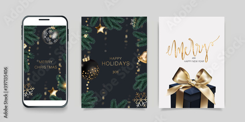 Luxury 3D Happy Holidays,  season greeting and new year vector mobile  social media template card set with Christmas element decoration 