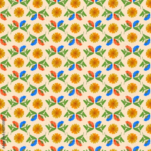Marigold  calendula . Illustration  texture of flowers. Seamless pattern for continuous replication. Floral background  photo collage for textile  cotton fabric. For use in wallpaper  covers