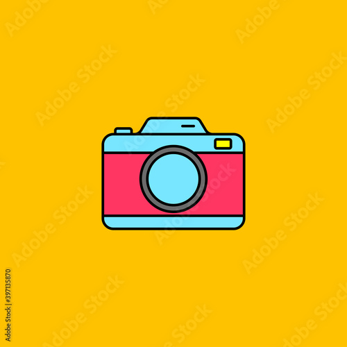 Simple camera vector illustration isolated on orange color background. Camera linear color style icon