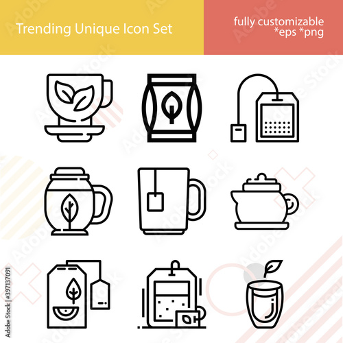 Simple set of green tea related lineal icons.