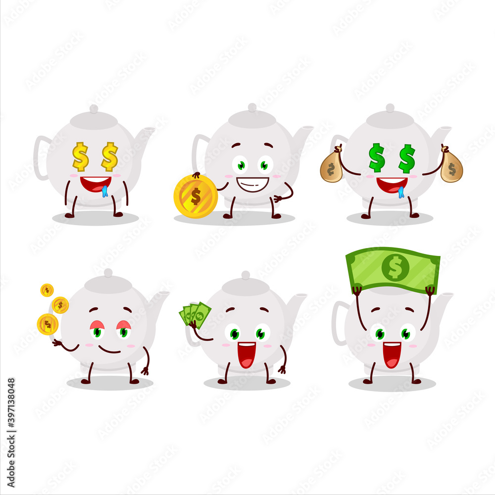 Ceramic teapot cartoon character with cute emoticon bring money