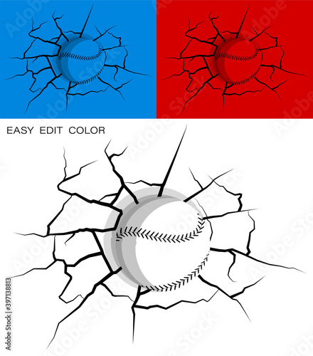 baseball hit wall powerfully and damaged, cracks on wall. Sports design element. American national sport. Active lifestyle. Vector on white or color background with cracks