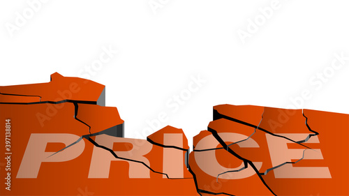 PRICE inscription collapses from earthquake. Product discounts, sales, black friday. Cracks in ground. Breaking surface from strong impact. Vector