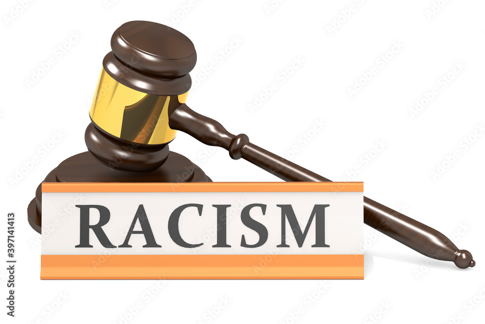 Wooden judge gavel and racism law banner