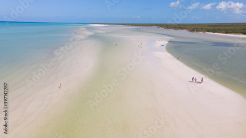 Beautiful top view of a paradise white sand beach. Holbox island aerial view