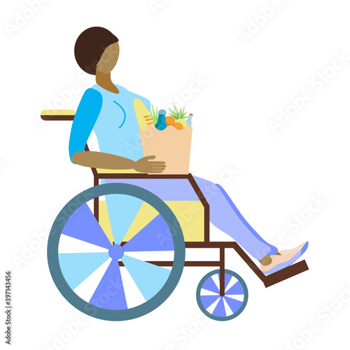 African American disabled person with food.Wheelchair user is holding a paper bag with groceries. Vector illustration in flat style, isolated on a white background. woman makes purchases on her own.