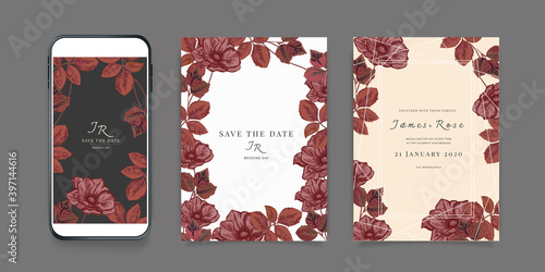 Luxury Pink Social Media Wedding invite frame templates. Vector background. Mockup for social media banner. mobile Floral golden collage layout design.