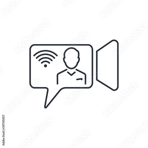 Business co working process.Concept of on-line video chat app, internet talk, call technology.  Video camera window with speaking businessman.