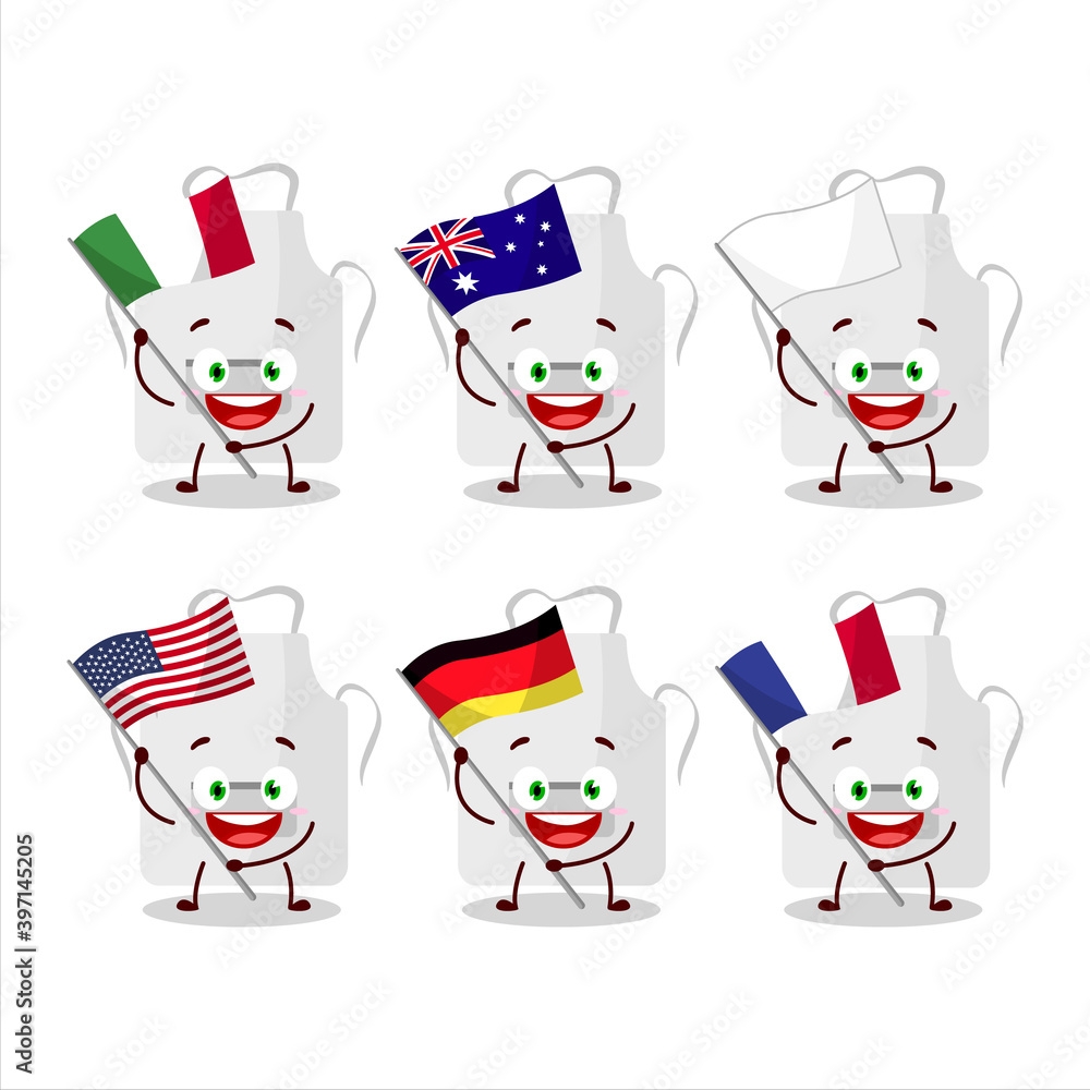 White appron cartoon character bring the flags of various countries White appron cartoon character bring the flags of various countries