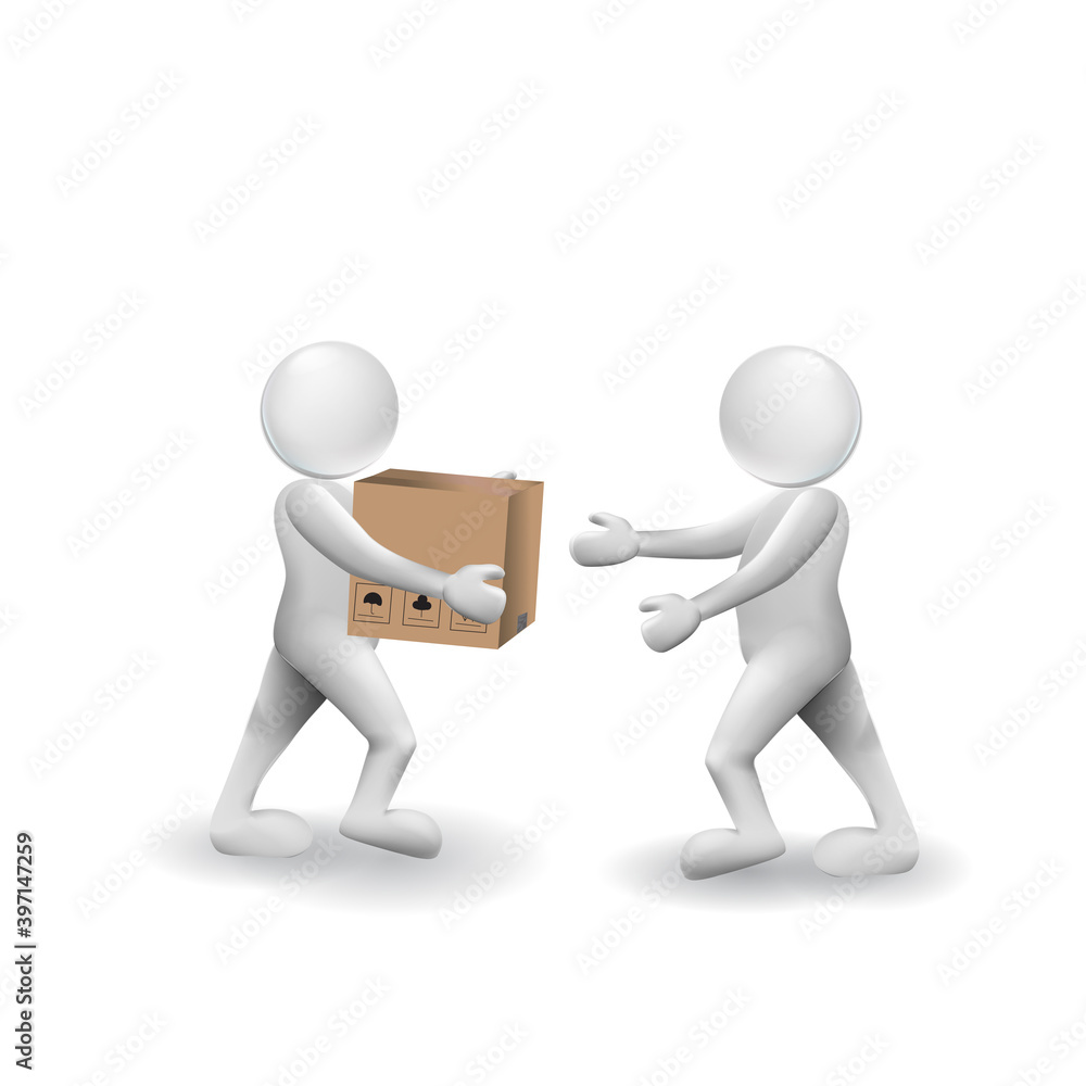 3d small man people deliver a box package to another person. 3d image isolated white vector image banner background. 3d small man people deliver a box package to another person. 3d image isolated white vector image banner background.