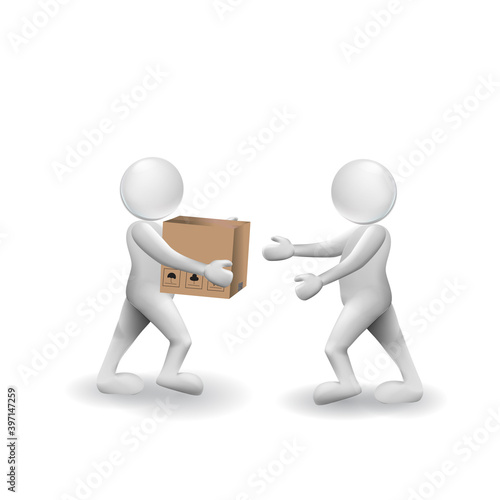 3d small man people deliver a box package to another person. 3d image isolated white vector image banner background.