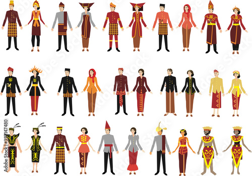 Pakaian Tradisionl Nasional Nusantara, Indonesian couples wearing traditional clothes cartoon , etnic dress set collection -vector