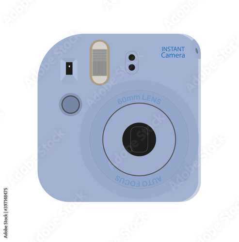 Blue Instant photo camera vector illustration, hipster blue instax in flat style on a white bakground,