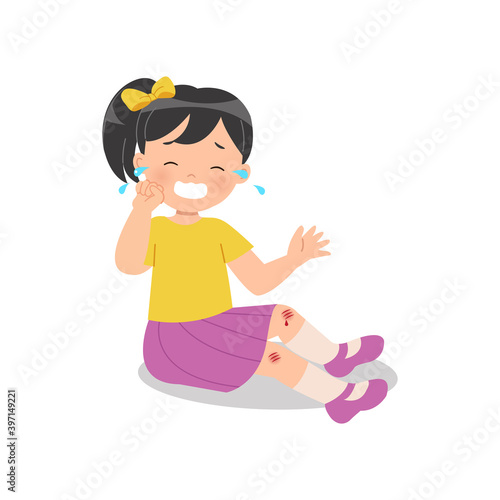 Sad girl crying over her bleeding knee. Accident. Parenting clip art. Flat vector isolated on white.