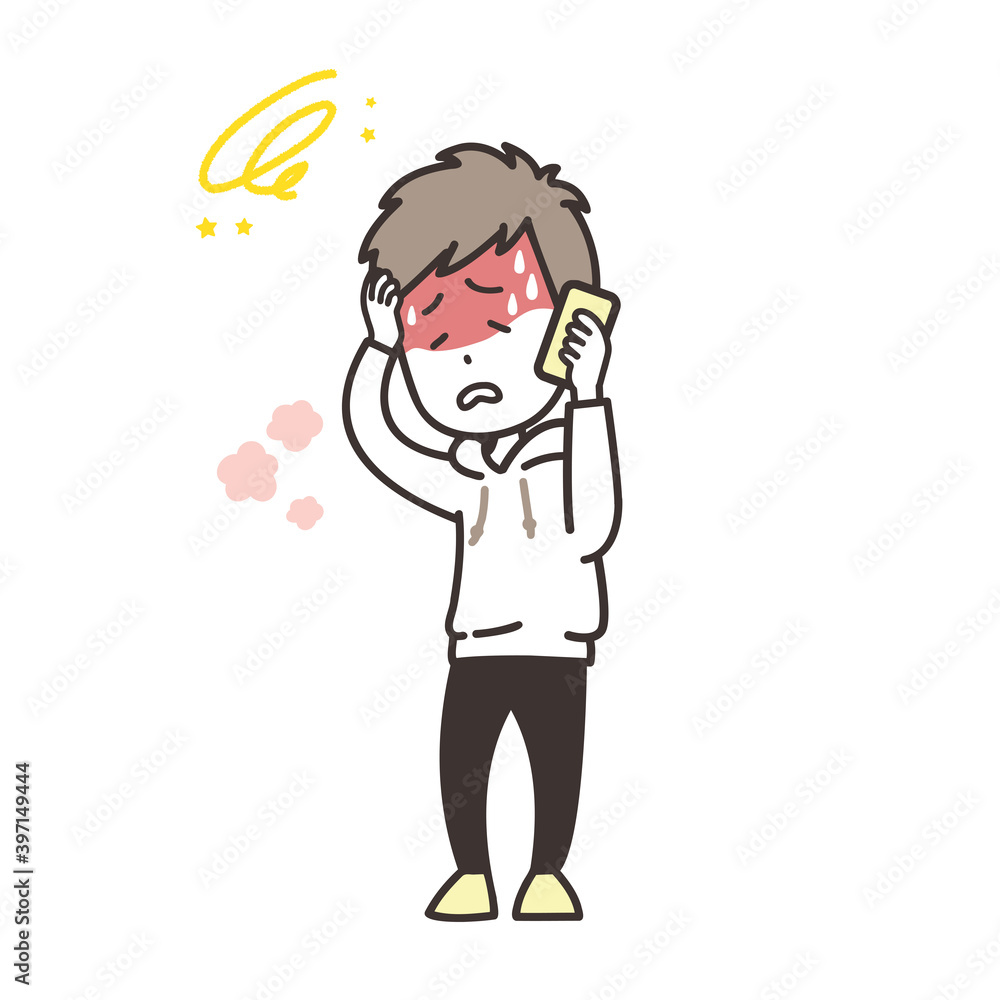 電話で体調不良を訴える男性のイラスト 電話で体調不良を訴える男性のイラスト
