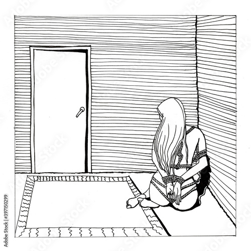 Tied girl is arrested in empty room, woman was delayed and captivated. Hand drawn sketch with black pen, ink. Raster stock illustration.