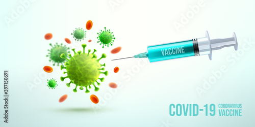 Coronavirus Vaccine and syringe injection with disease cells and red blood cell.Blue syringe injection tool for covid19 immunization treatment.Vaccine for COVID-19 Corona virus outbreaking concept.