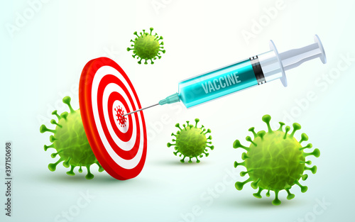 Coronavirus Vaccine and syringe injection to target dartboard.Blue syringe injection tool for covid19 immunization treatment.Vaccine for COVID-19 Corona virus outbreaking and Pandemic medical health.