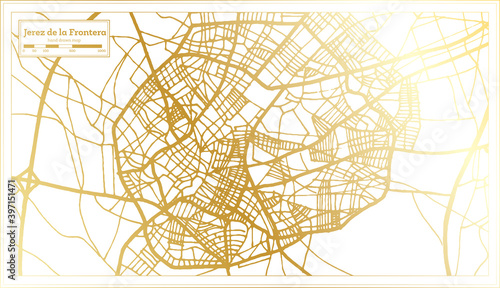 Jerez de la Frontera Spain City Map in Retro Style in Golden Color. Outline Map.