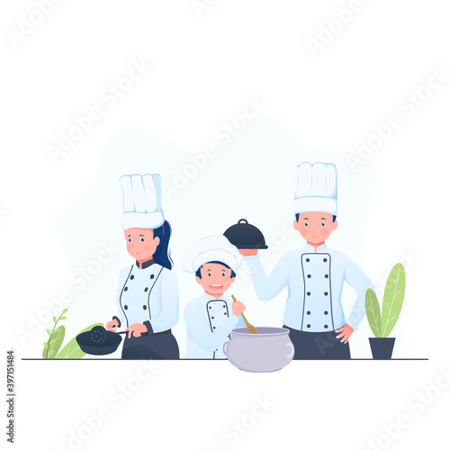 happy family with parents and children cooking in kitchen vector cartoon illustration