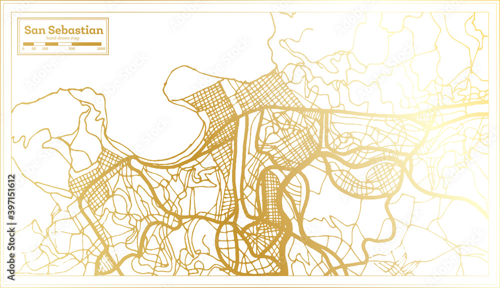 Fototapeta premium San Sebastian Spain City Map in Retro Style in Golden Color. Outline Map.