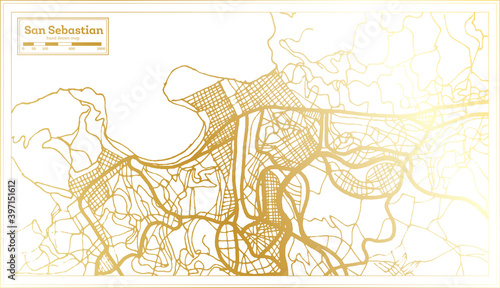 San Sebastian Spain City Map in Retro Style in Golden Color. Outline Map.
