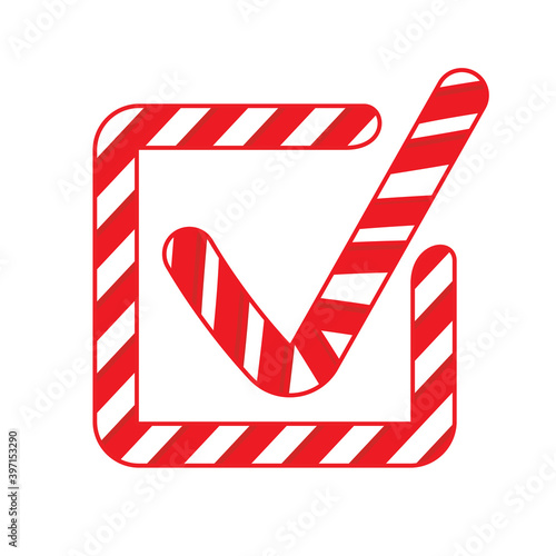 Single candy cane checkmark. A red checkmark tick inside a square candy cane. Ideal for Christmas to-list, Xmas checklist or kids parties.