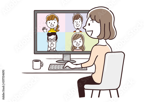 ベクターイラスト素材：オンラインミーティング、ウェブ会議、リモート、テレワーク、イメージ
