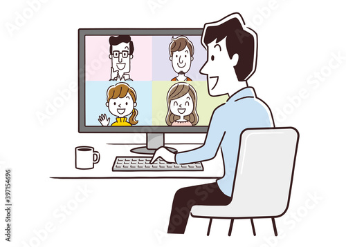 ベクターイラスト素材：オンラインミーティング、ウェブ会議、リモート、テレワーク、イメージ

