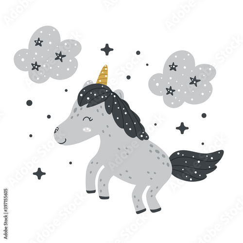 Cute nursery unicorn clipart with clouds and abstract dots around. Monochrome hand drawn Scandinavian style vector illustration.