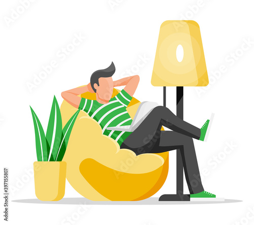 Freelancer man with laptop in beanbag chair. Relaxed freelance businessman work at home. Character in casual clothes sitting with computer. Lamp and plant. Cartoon flat style vector