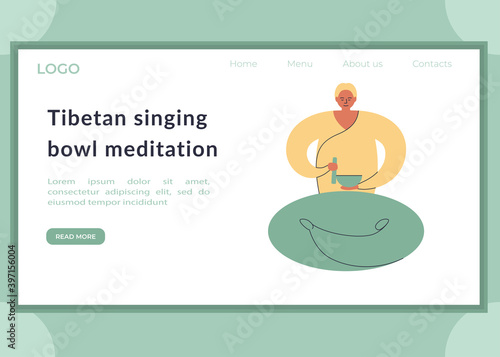 Man meditating with a tibetan singing bowl. Landing page template. Ayuverda, meditation and relaxation. Vector flat illustration