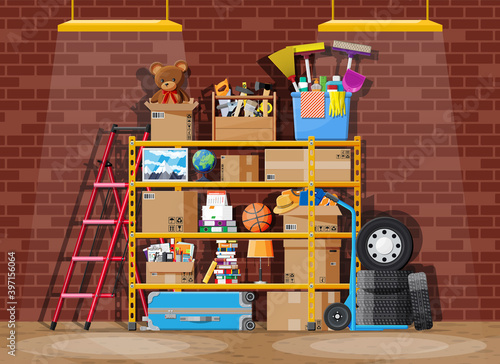 Storeroom or house cellar interior. Modern storage room. Metal shelves with household items. Rack full of cardboard boxes, stair, cleaning accessories and furniture. Flat vector illustration