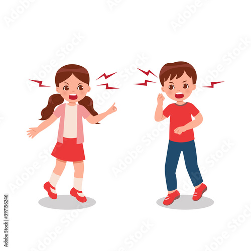 Cute boy and girl angry at each other. Fight and argue between children. Parenting clip art. Flat vector isolated.