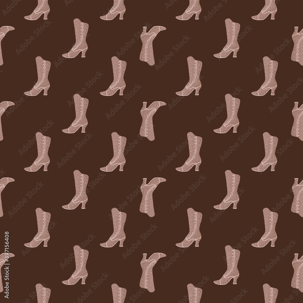 Beige woman style boots seamless pattern. Cartoon fashion print with brown background.