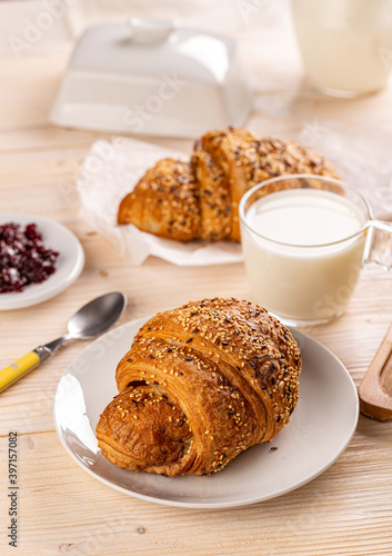 Traditional breakfast with croissant