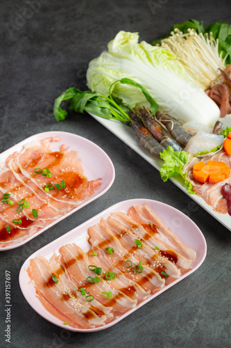 raw meat and fresh vegetable for hot pot shabu menu