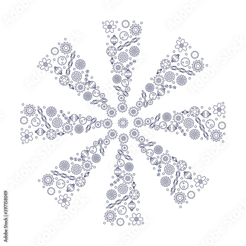 Coloring book steampunk gear Mandala . Vector snowflake, flower. Illustration of gears on a white background