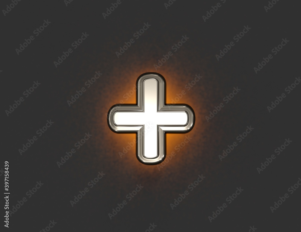 Obraz premium Silver metalline alphabet with outline and orange backlight - plus isolated on dark, 3D illustration of symbols
